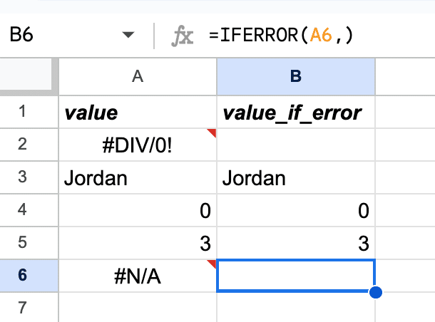 IFERROR formula returning a blank cell in Google Sheets instead of an error message. Formula is =IFERROR(A6,)