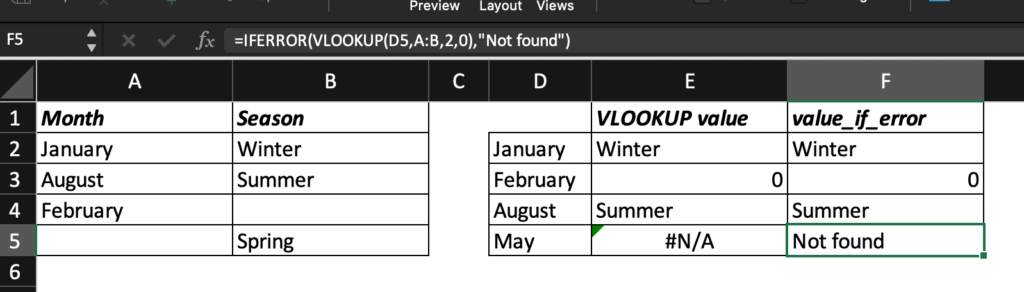 Example of IFERROR with a formula like VLOOKUP in Excel. Formula is =IFERROR(VLOOKUP(D5,A:B,2,0),"Not found")