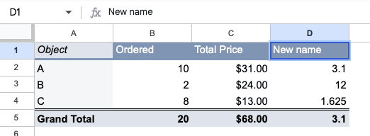 Name of a pivot table calculated field changed in Google Sheets.
