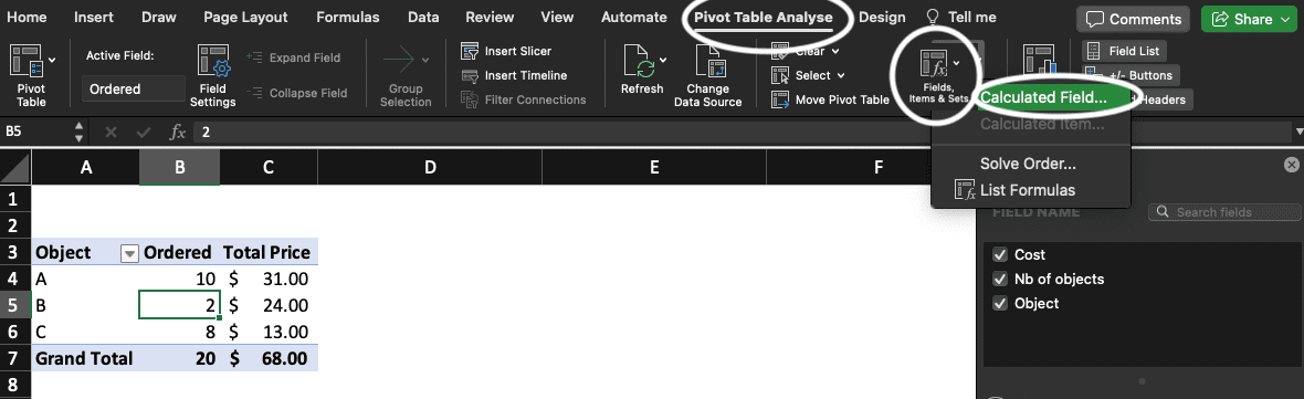 Pivot Table Analyse, Fields, Items and Sets, Calculated Field in Excel.