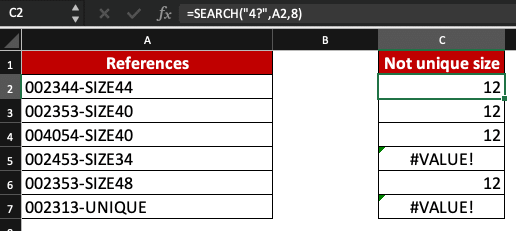 SEARCH formula is =SEARCH("4?",A2,8)