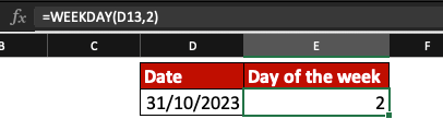 Weekday is 2 for the date 31/10/2023.