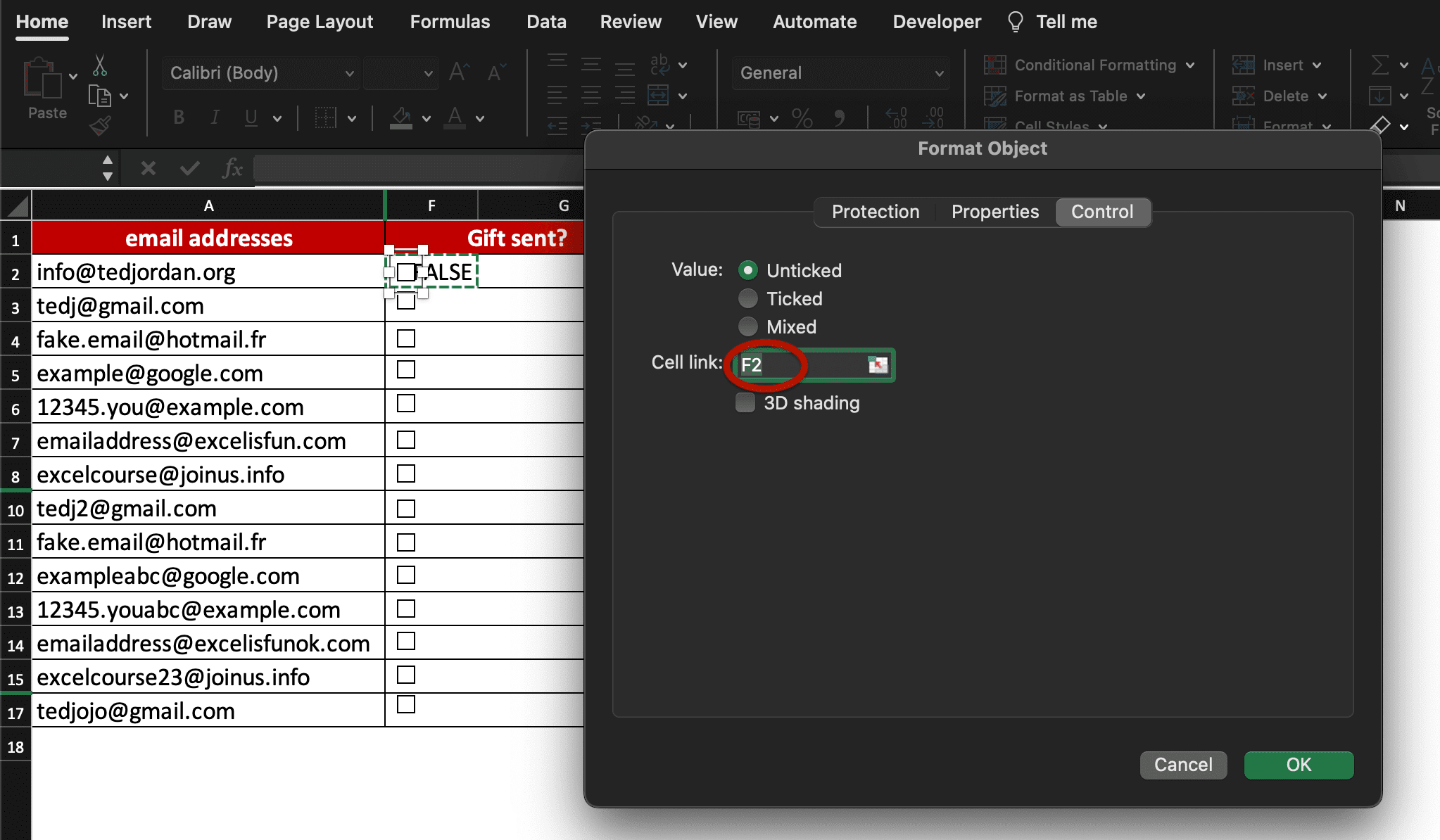 Format Object window, to link a checkbox in Excel.