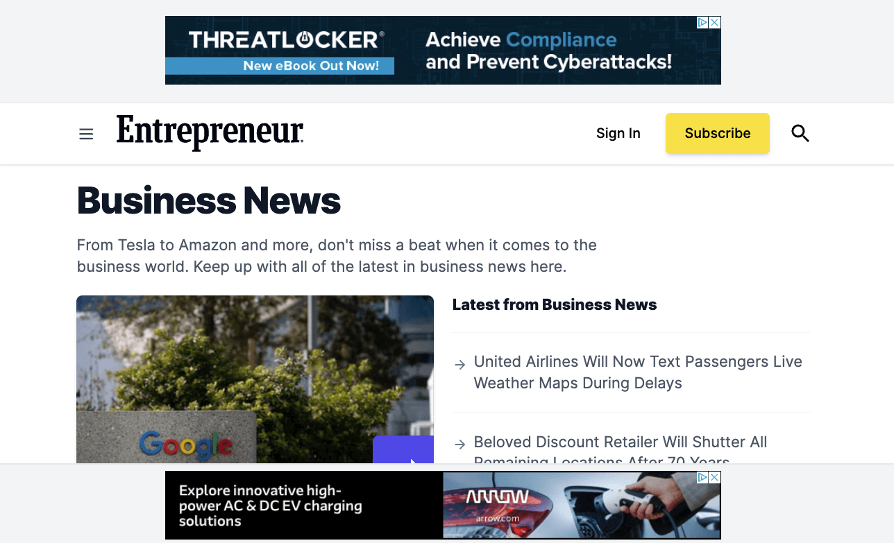 Leaderboard 728x90 ad examples on desktop: top of the page and above footer placements.