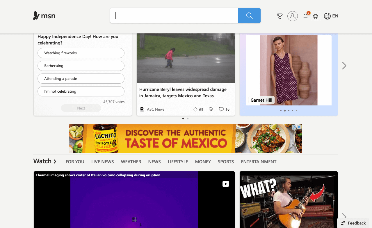 Example of desktop leaderboard ad between content, on MSN.