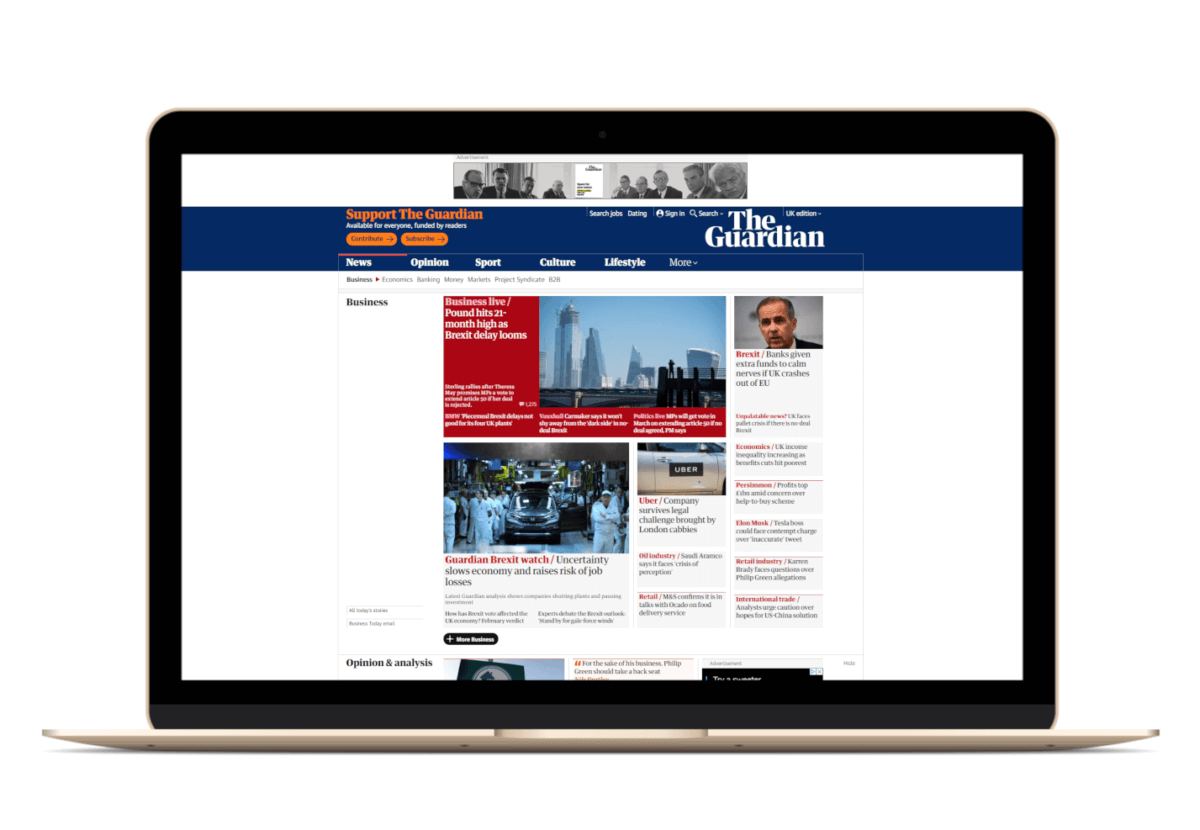 Example of leaderboard banner ad on desktop, situated at the top of a webpage.